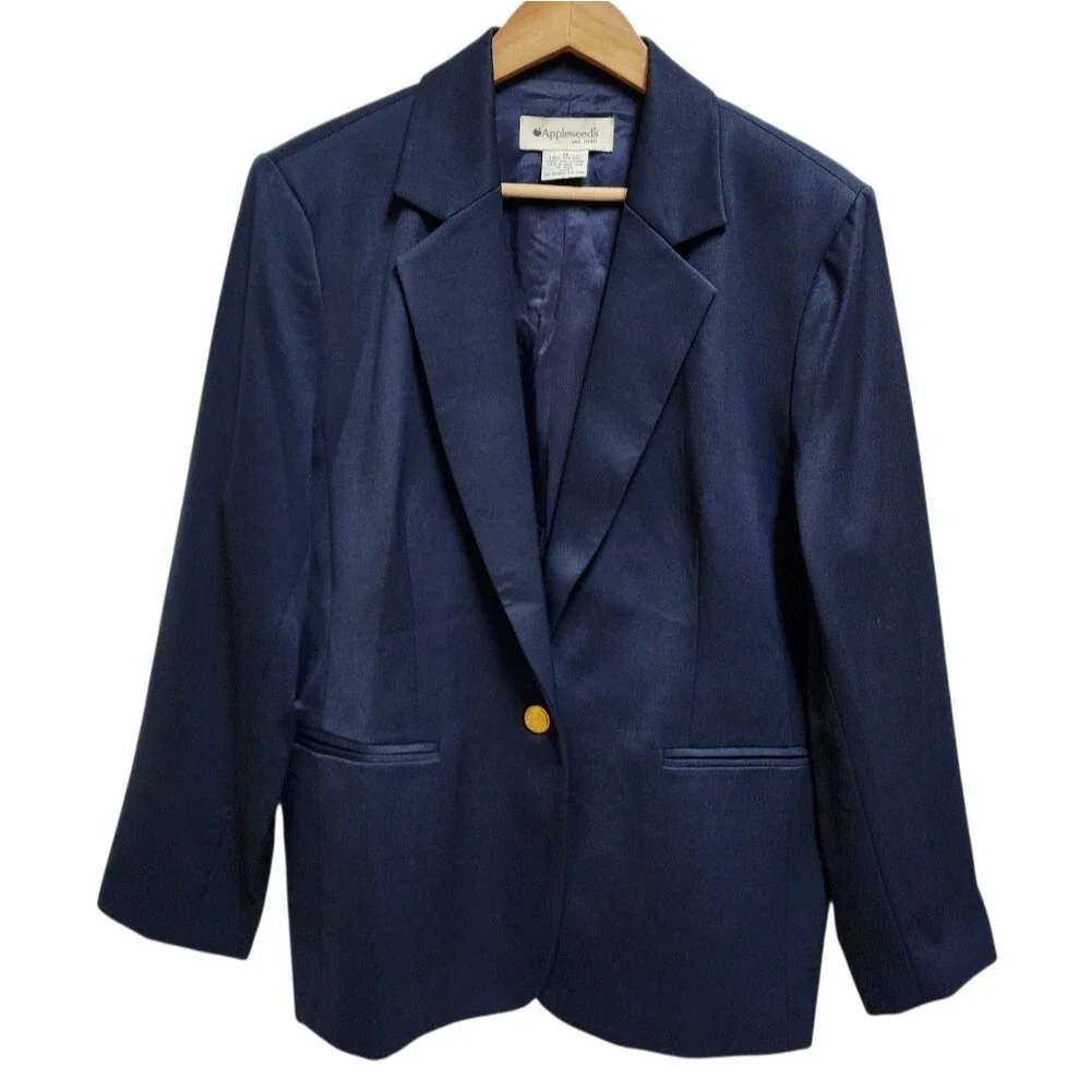Appleseeds Navy 100% Wool Blazer Women Sz 18 Button Sheen Preppy Classic Vintage
